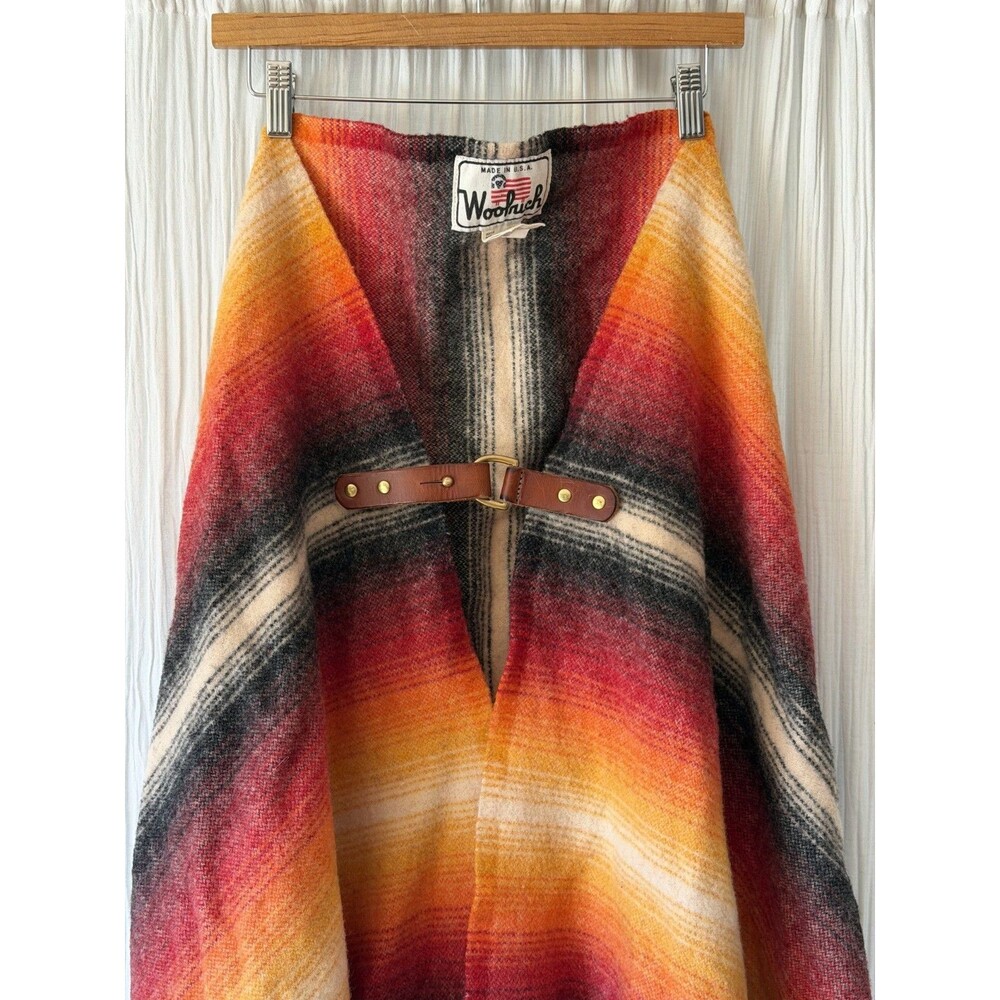 Vintage Woolrich Poncho Blanket Wrap Cape Top Leather Buckle Western USA Orange